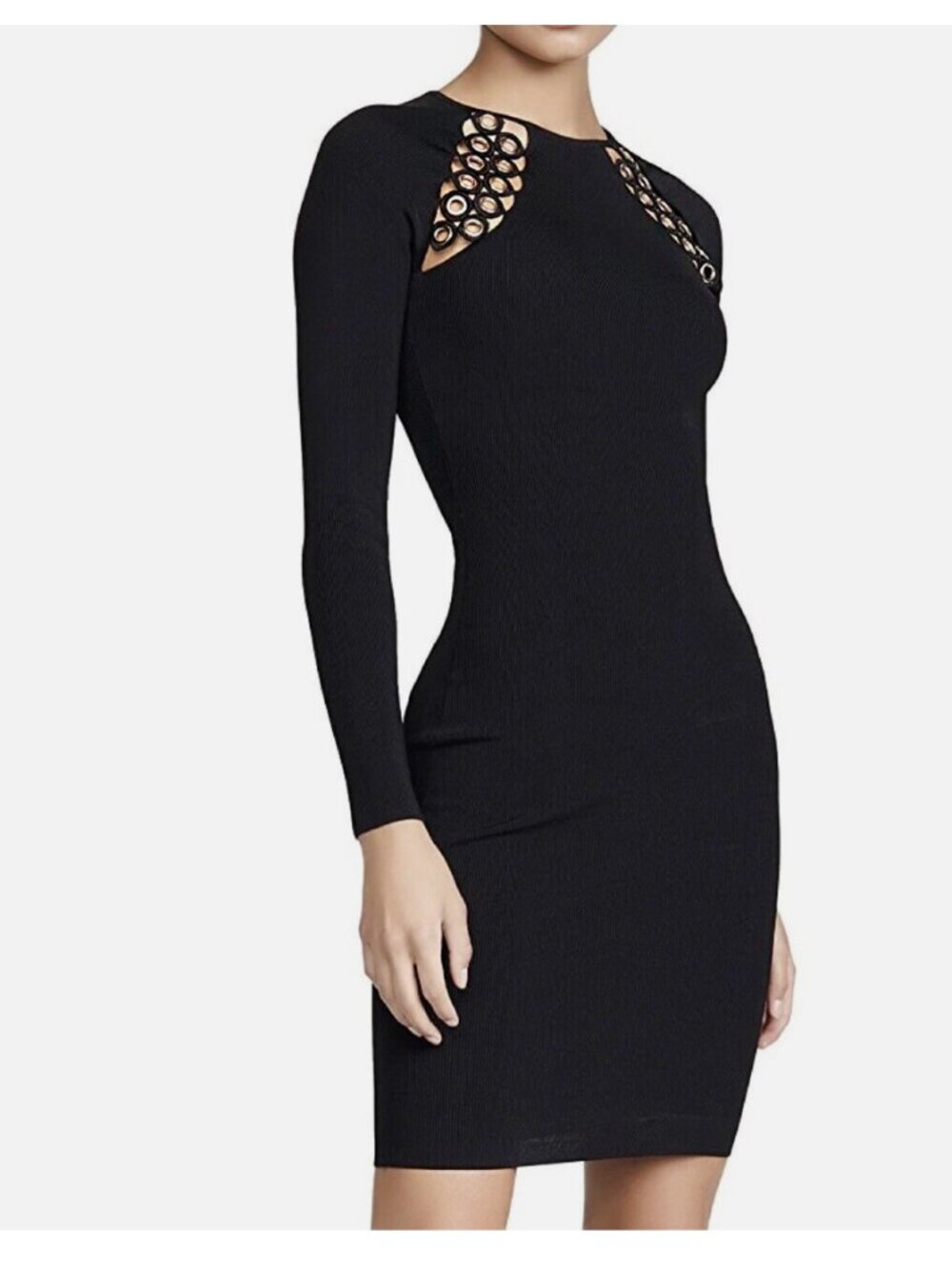 Good American Grommet Raglan Ribbed Long Sleeve Bodycon Dress Black